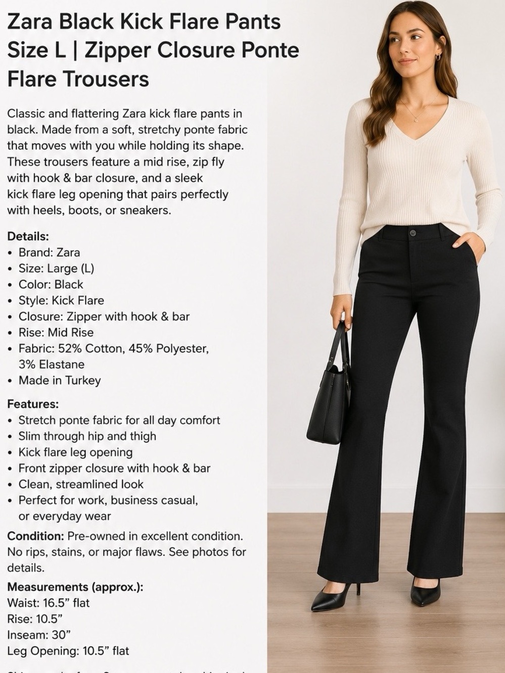 Zara Black Kick Flare Dress Pants Size Large Stretch Mid Rise Office Trouser EUC